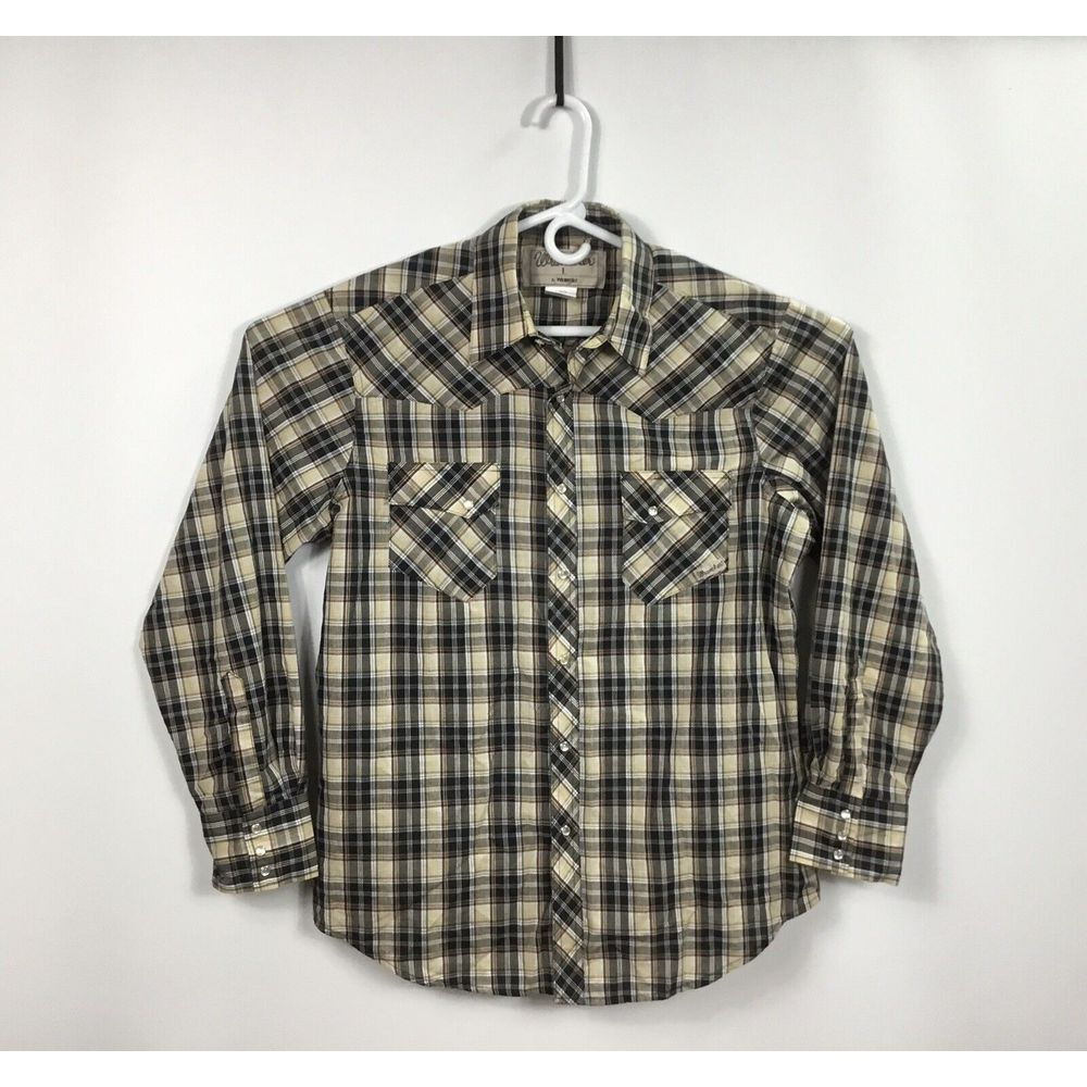 Wrangler Mens Size L Pearl Snap Western Cowboy Shirt Black Plaid Long Sleeve